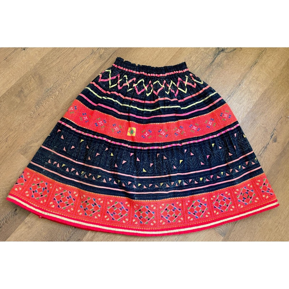 VTG 70s Thai Hmong Hand‎ Embroidered Neon Indigo Skirt Folk Tribal Elastic Waist